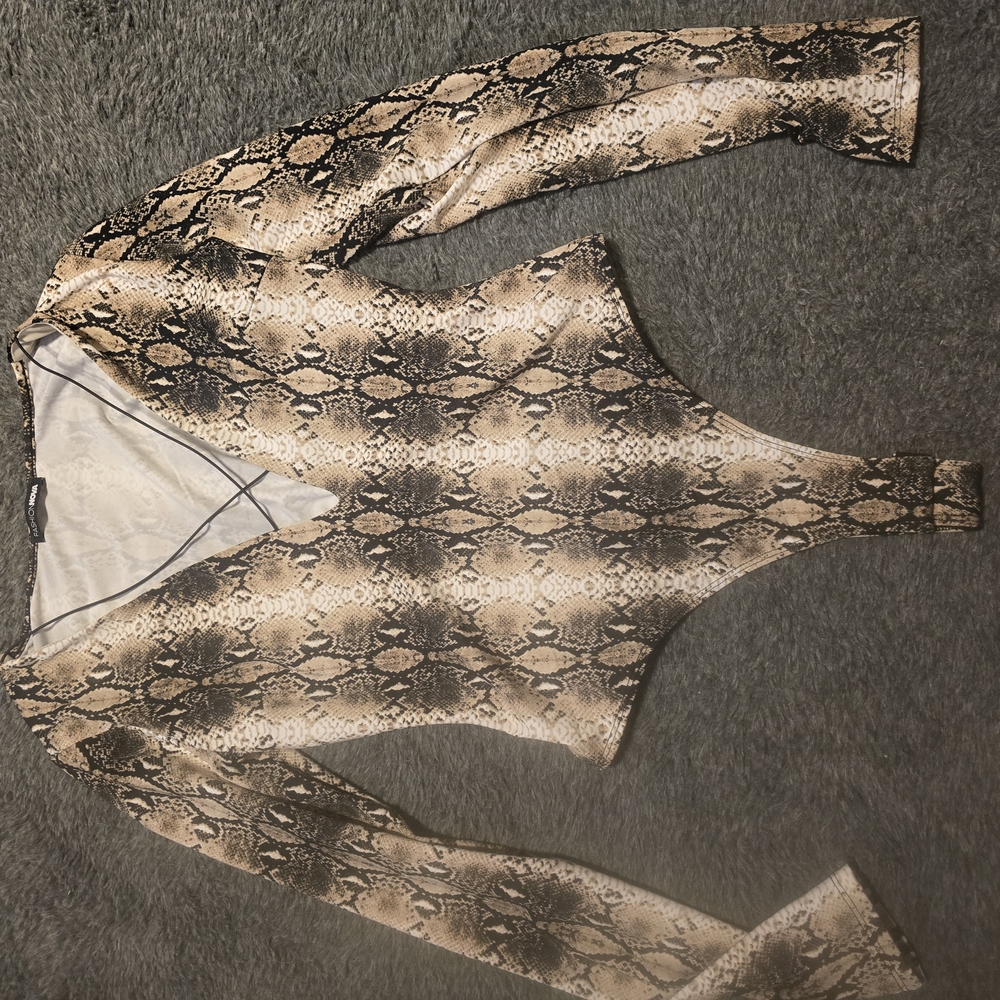 Fashion Nova Snake Print Bodysuit - Black and Tan